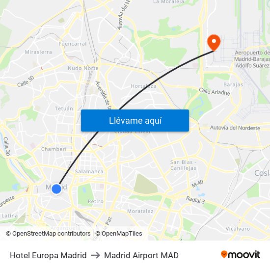 Hotel Europa Madrid to Madrid Airport MAD map