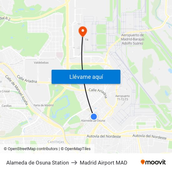 Alameda de Osuna Station to Madrid Airport MAD map
