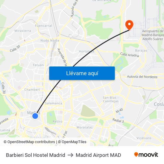 Barbieri Sol Hostel Madrid to Madrid Airport MAD map