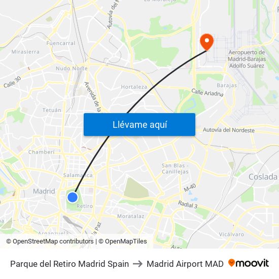 Parque del Retiro Madrid Spain to Madrid Airport MAD map