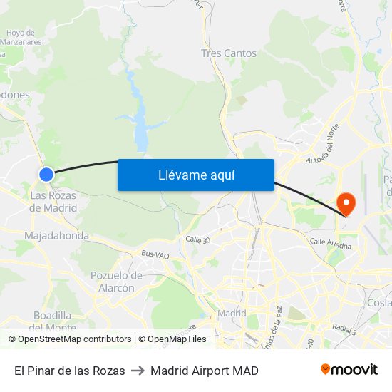 El Pinar de las Rozas to Madrid Airport MAD map
