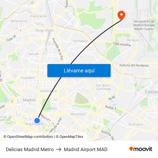 Delicias Madrid Metro to Madrid Airport MAD map