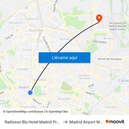 Radisson Blu Hotel Madrid Prado to Madrid Airport MAD map