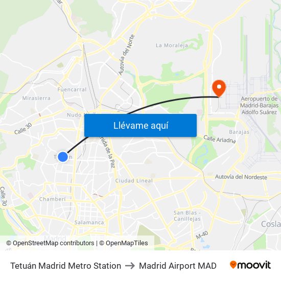 Tetuán Madrid Metro Station to Madrid Airport MAD map