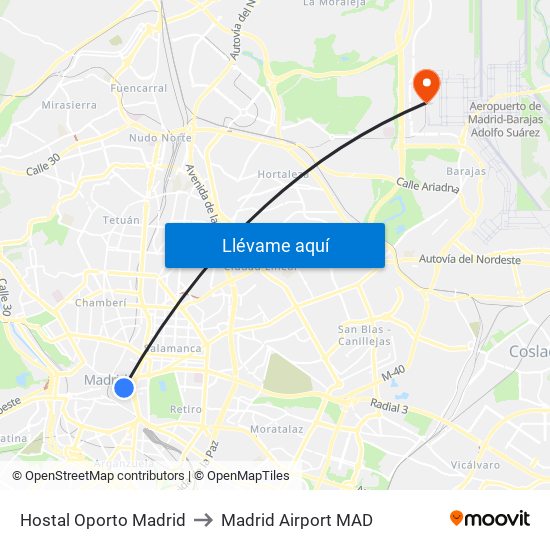 Hostal Oporto Madrid to Madrid Airport MAD map