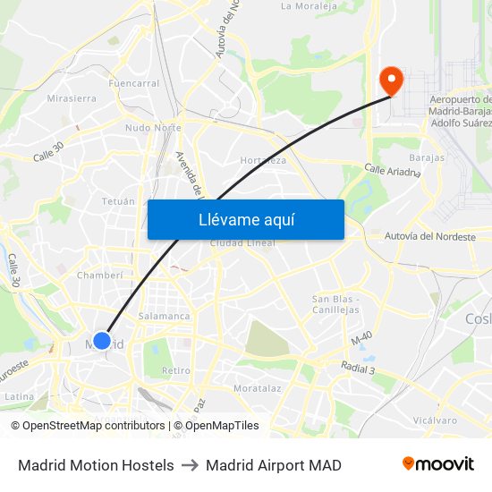 Madrid Motion Hostels to Madrid Airport MAD map