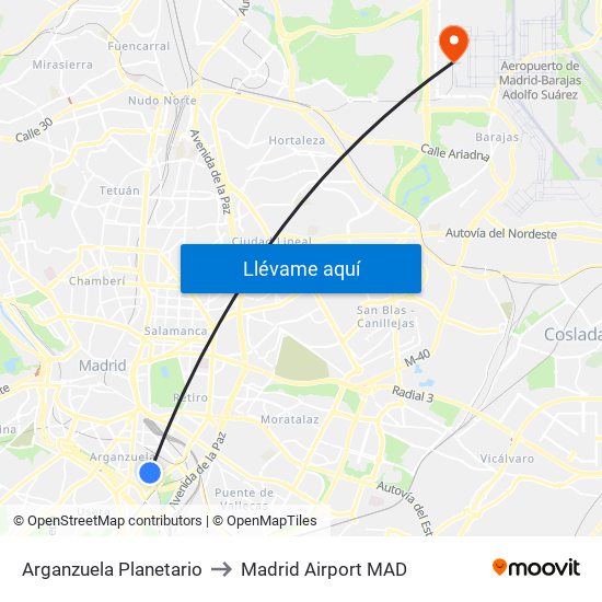 Arganzuela Planetario to Madrid Airport MAD map