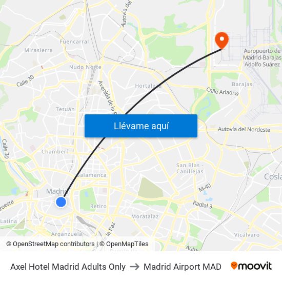 Axel Hotel Madrid Adults Only to Madrid Airport MAD map