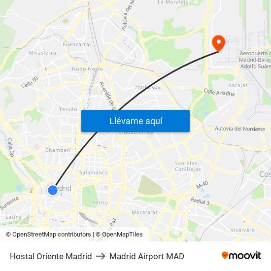 Hostal Oriente Madrid to Madrid Airport MAD map