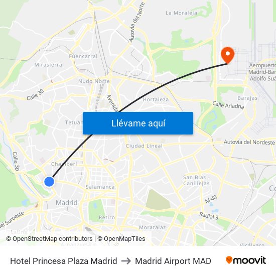 Hotel Princesa Plaza Madrid to Madrid Airport MAD map