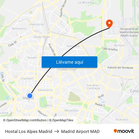 Hostal Los Alpes Madrid to Madrid Airport MAD map