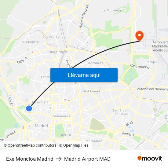 Exe Moncloa Madrid to Madrid Airport MAD map