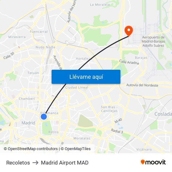 Recoletos to Madrid Airport MAD map