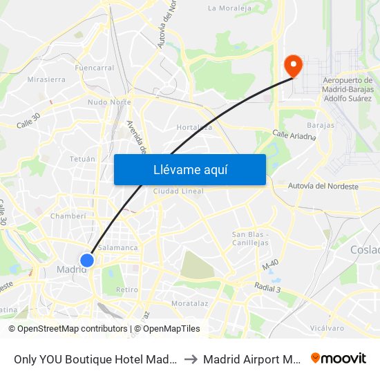 Only YOU Boutique Hotel Madrid to Madrid Airport MAD map