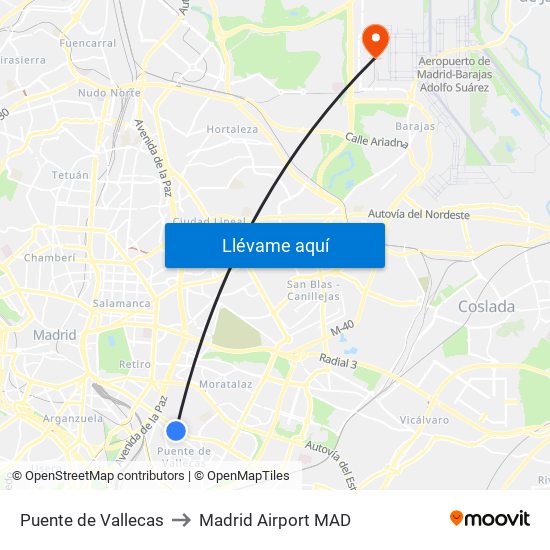 Puente de Vallecas to Madrid Airport MAD map