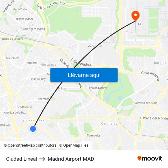 Ciudad Lineal to Madrid Airport MAD map