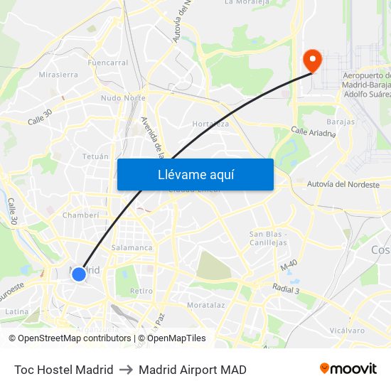 Toc Hostel Madrid to Madrid Airport MAD map