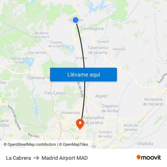 La Cabrera to Madrid Airport MAD map