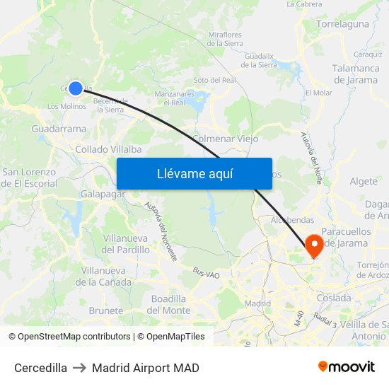 Cercedilla to Madrid Airport MAD map