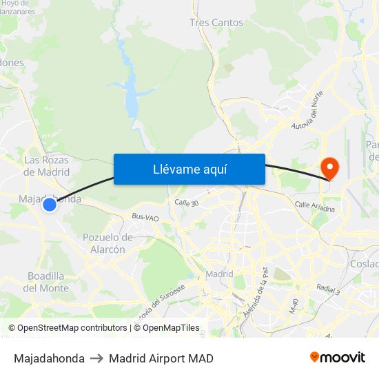Majadahonda to Madrid Airport MAD map