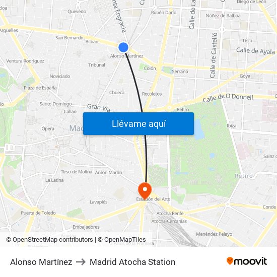 Alonso Martínez to Madrid Atocha Station map