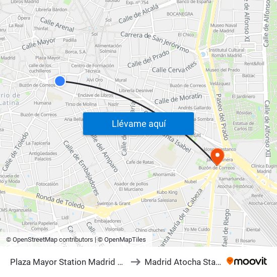Plaza Mayor Station Madrid Spain to Madrid Atocha Station map