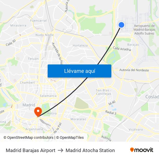 Madrid Barajas Airport to Madrid Atocha Station map