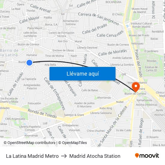 La Latina Madrid Metro to Madrid Atocha Station map
