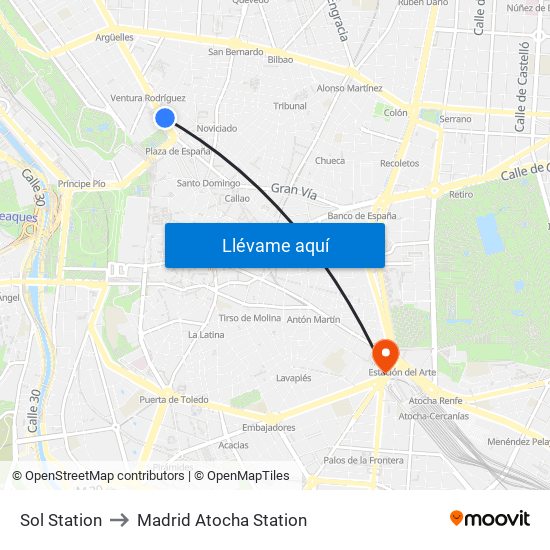 Sol Station to Madrid Atocha Station map