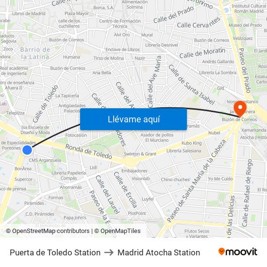 Puerta de Toledo Station to Madrid Atocha Station map