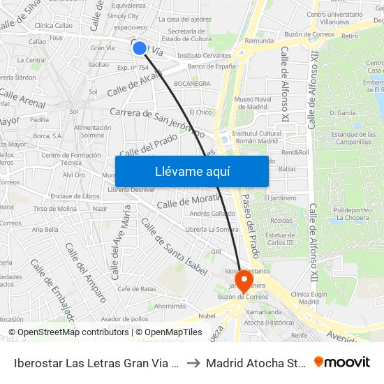 Iberostar Las Letras Gran Via Madrid to Madrid Atocha Station map