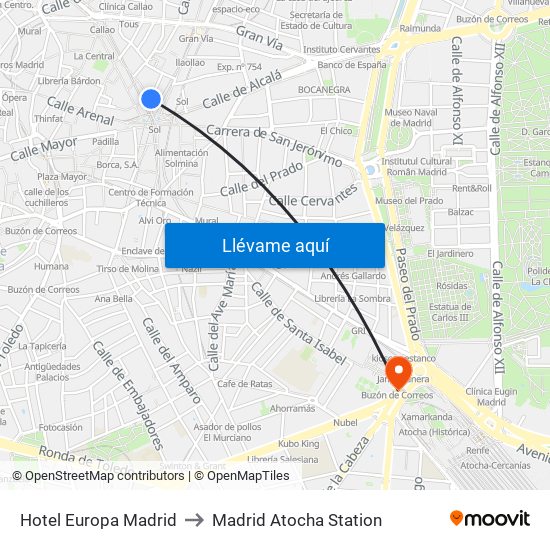Hotel Europa Madrid to Madrid Atocha Station map