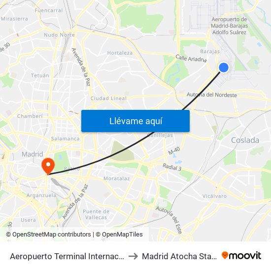 Aeropuerto Terminal Internacional to Madrid Atocha Station map