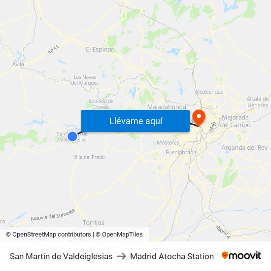 San Martín de Valdeiglesias to Madrid Atocha Station map