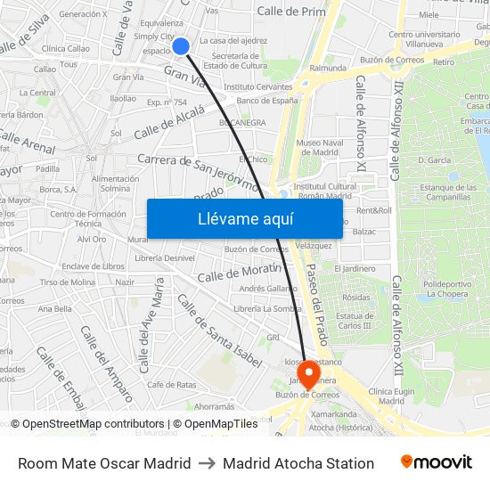 Room Mate Oscar Madrid to Madrid Atocha Station map