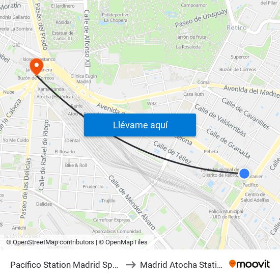 Pacífico Station Madrid Spain to Madrid Atocha Station map