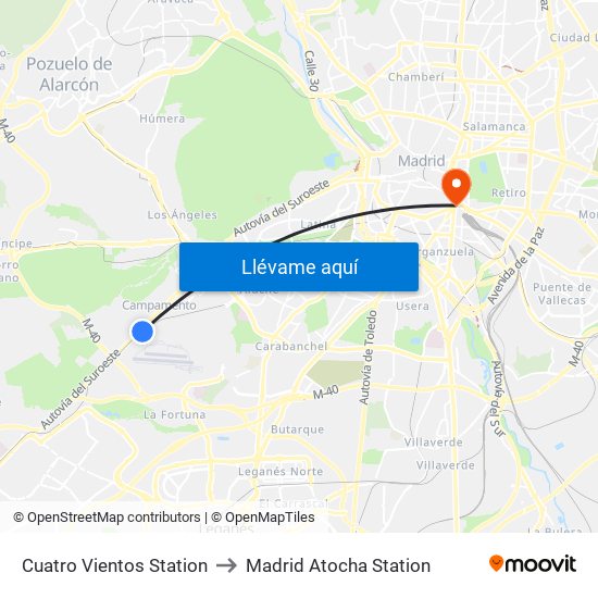 Cuatro Vientos Station to Madrid Atocha Station map