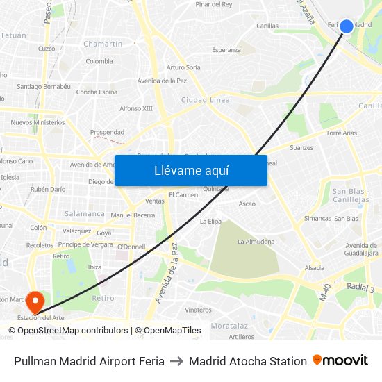 Pullman Madrid Airport Feria to Madrid Atocha Station map