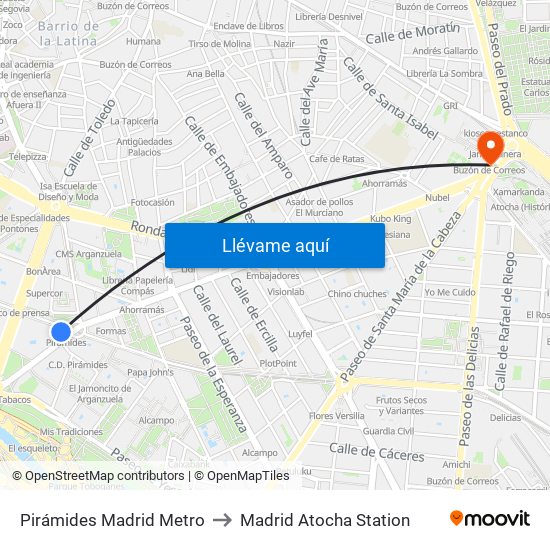 Pirámides Madrid Metro to Madrid Atocha Station map