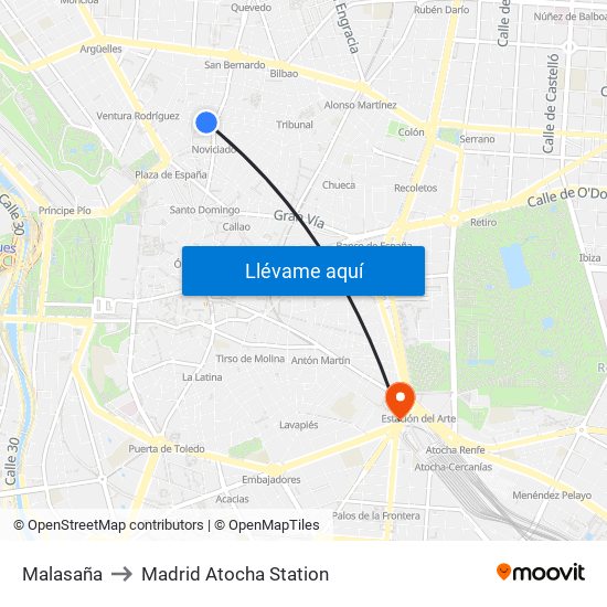 Malasaña to Madrid Atocha Station map