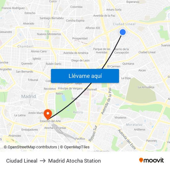 Ciudad Lineal to Madrid Atocha Station map