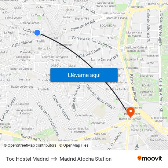Toc Hostel Madrid to Madrid Atocha Station map