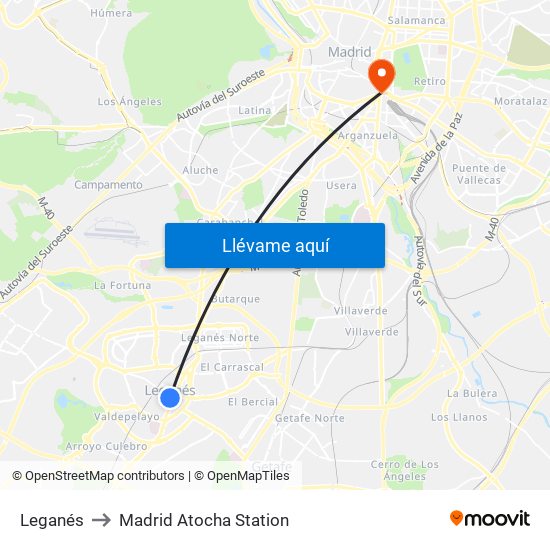 Leganés to Madrid Atocha Station map