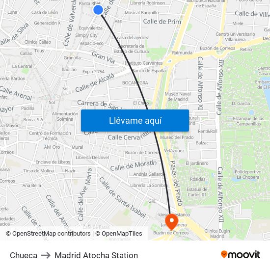 Chueca to Madrid Atocha Station map