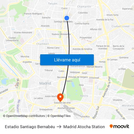 Estadio Santiago Bernabéu to Madrid Atocha Station map