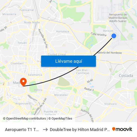 Aeropuerto T1 T2 T3 to DoubleTree by Hilton Madrid Prado map