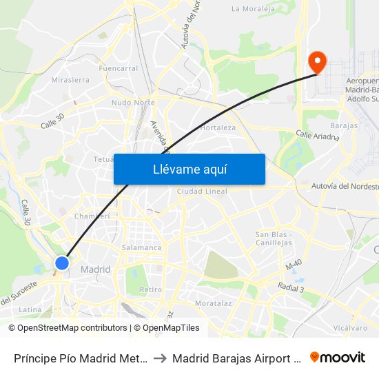 Príncipe Pío Madrid Metro to Madrid Barajas Airport T4 map