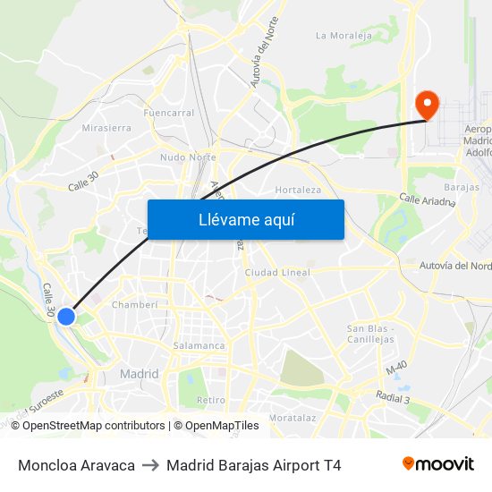 Moncloa Aravaca to Madrid Barajas Airport T4 map