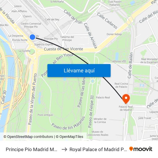 Príncipe Pío Madrid Metro to Royal Palace of Madrid Park map