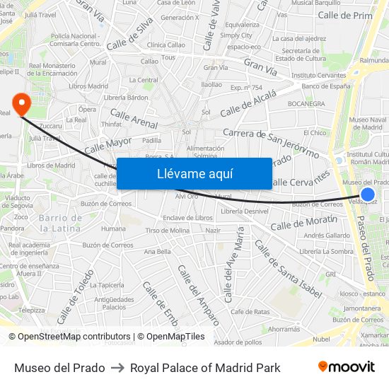 Museo del Prado to Royal Palace of Madrid Park map